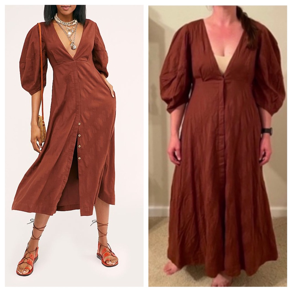 Free People Lydia Midi Dress Puff Sleeve V-neck Size L in Brown Chocolate